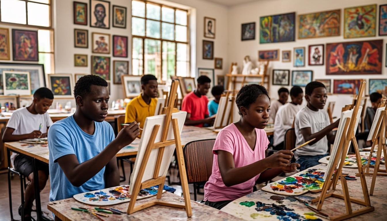 Students showcasing artwork in the arts class